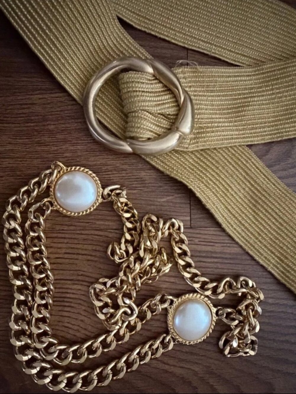 Vintage Belt Set Gold Chain Pearl Medallion Beige Enamel - Item #747
